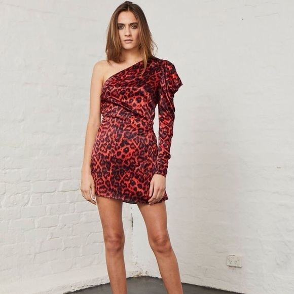 NWT BEC + BRIDGE Red Cheetah Print She's a Maniac One Shoulder Mini Dress Size 4 - Picture 1 of 10